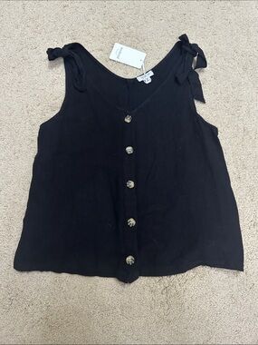 Weekend faux Tie-Shoulder Button Front Black Tank Top